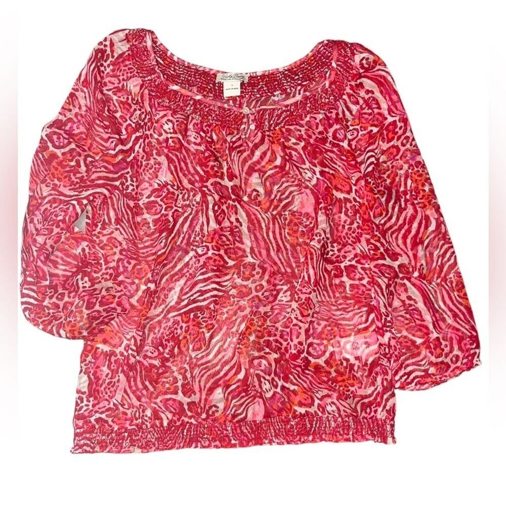Lucky Brand Boho Chiffon Red Animal Print Blouson Womens Size S Elastic Waist